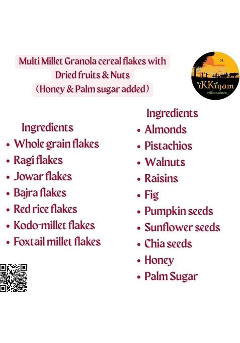 Ikkiyam Multi Millet Granola Cereal Flakes 250G | With Dried Fruits, Nuts & Palm Sugar | 100% Natural Millet Breakfast | No Preservatives | Healthy Snack For Kids & Adults