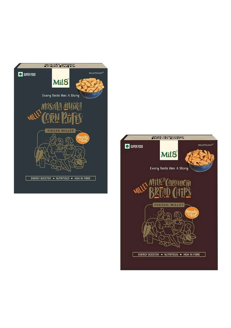Mil8 Corn Puffs Masala & Bread Chips Milk And Cardamom Combo (30Gram-40Gram) Nutritious, Delicious And Healthy Breakfast Solution - Indya
