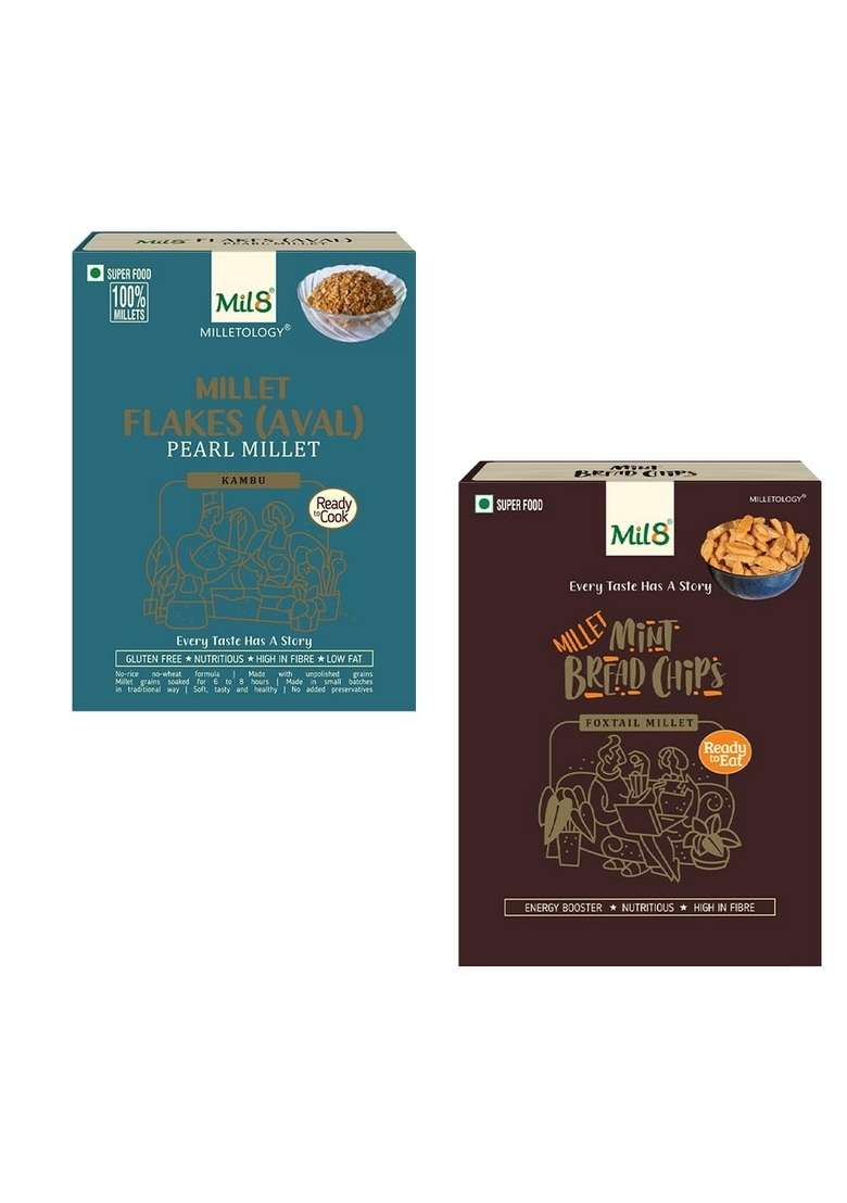 Mil8 Flakes (Aval) Pearl & Bread Chips Mint Combo (200Gram-40Gram) Nutritious, Delicious And Healthy Breakfast Solution - Indya