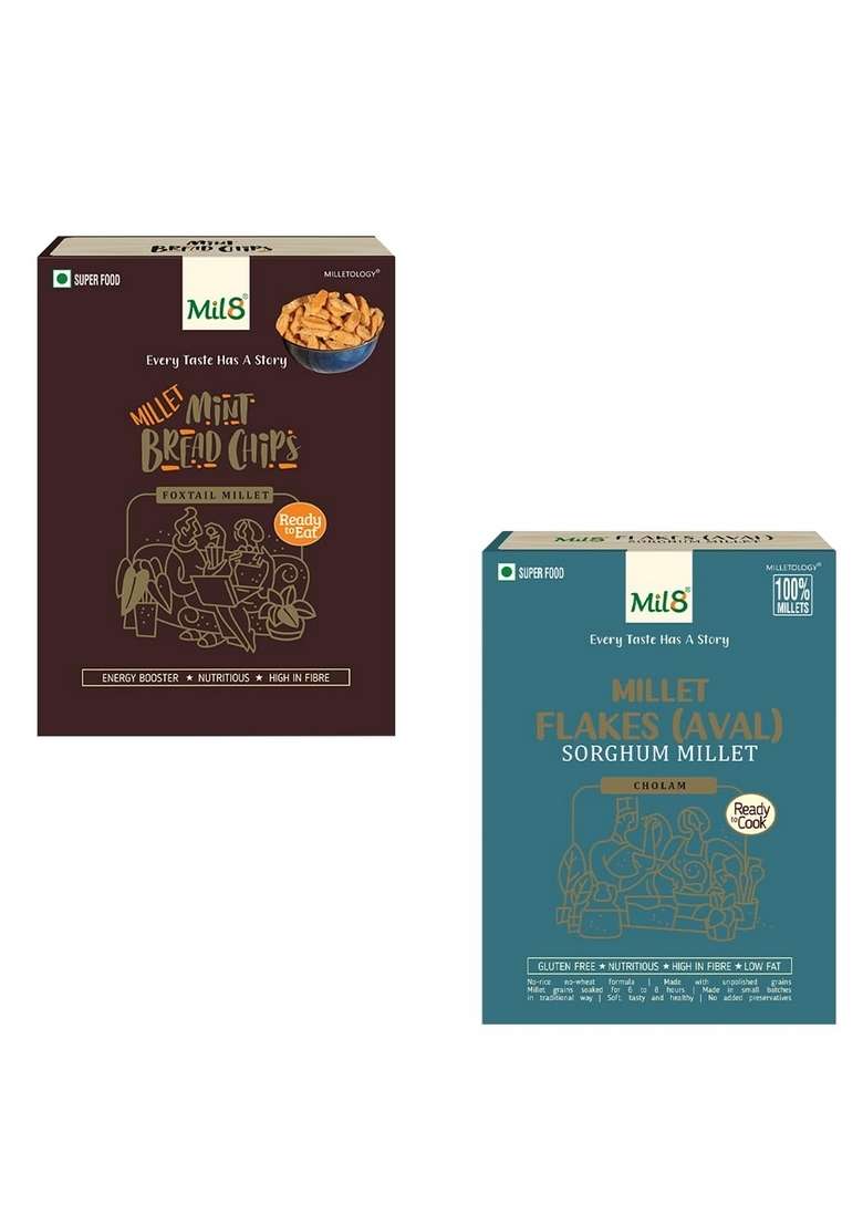 Mil8 Bread Chips Mint & Flakes (Aval) Sorghum Millet Combo (40Gram-200Gram) Nutritious, Delicious And Healthy Breakfast Solution - Indya