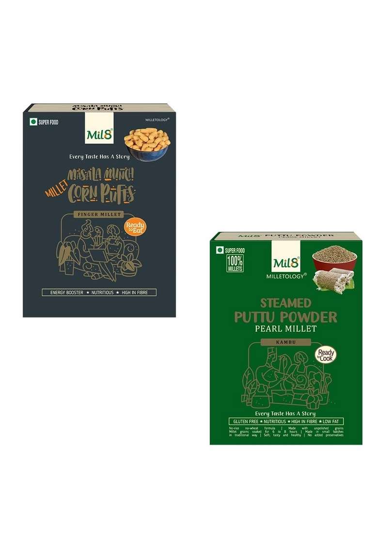 Mil8 Corn Puffs Masala & Puttu Powder Pearl Millet Combo (30Gram-300Gram) Nutritious, Delicious And Healthy Breakfast Solution - Indya