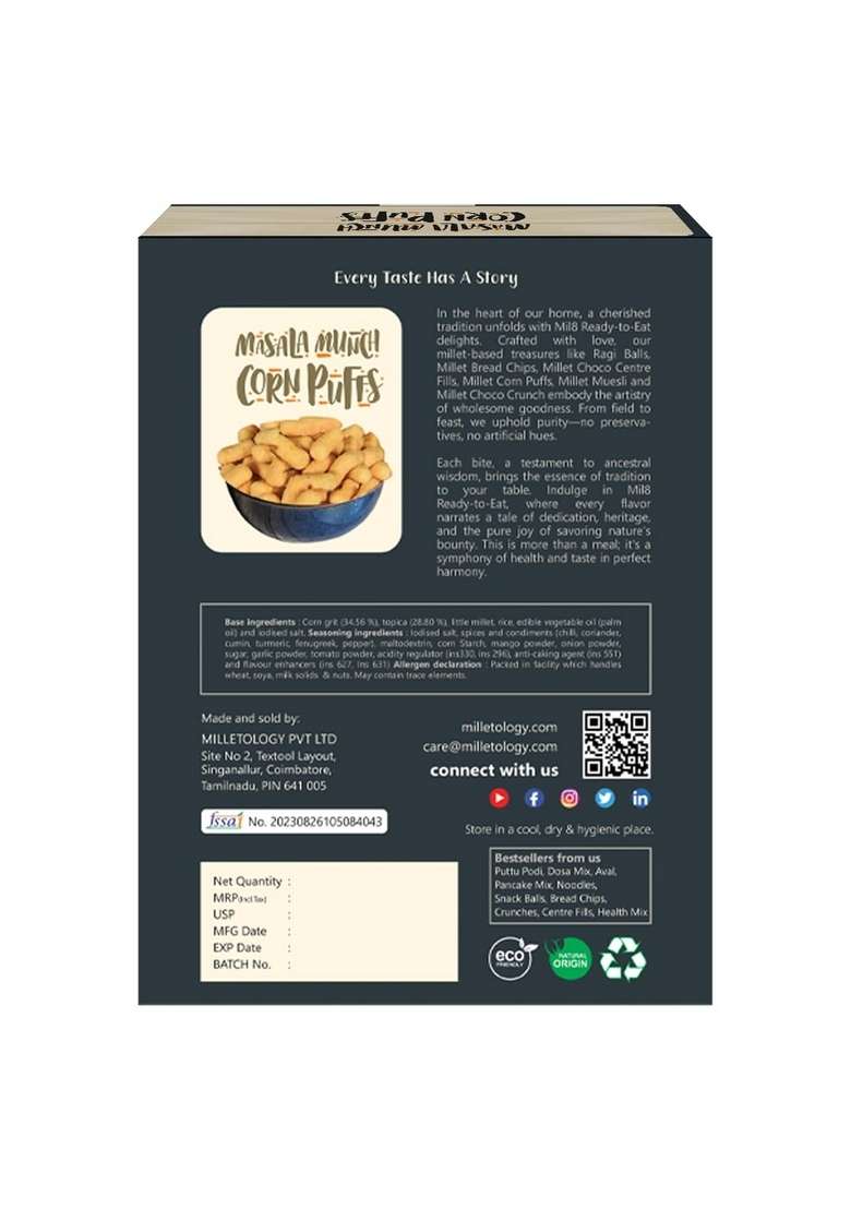 Mil8 Corn Puffs Masala & Puttu Powder Pearl Millet Combo (30Gram-300Gram) Nutritious, Delicious And Healthy Breakfast Solution - Indya