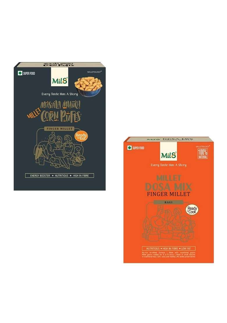 Mil8 Corn Puffs Masala & Dosamix Finger Millet Combo (30Gram-300Gram) Nutritious, Delicious And Healthy Breakfast Solution - Indya