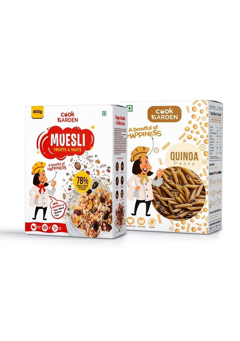 Cookgarden Fruits & Nuts Muesli 400G & Quinoa Pasta 300G | Healthy Protein Food & Breakfast Cereal - Indya