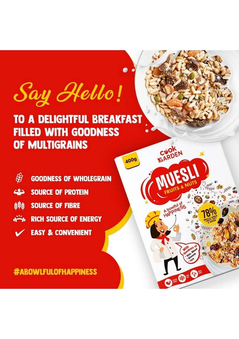 Cookgarden Fruits & Nuts Muesli 400G & Quinoa Pasta 300G | Healthy Protein Food & Breakfast Cereal - Indya