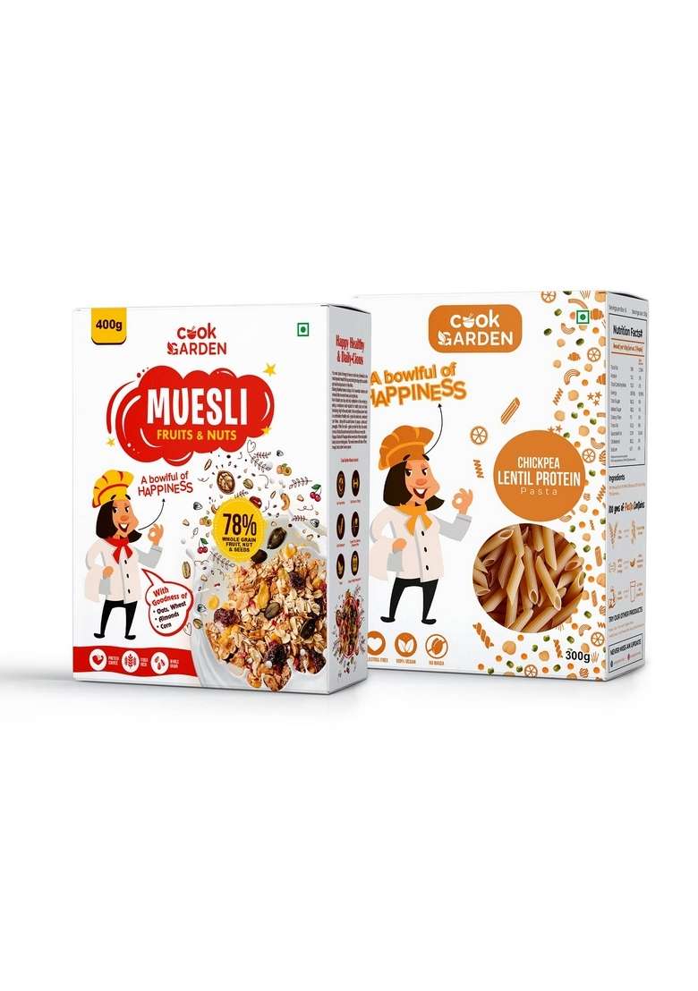 Cookgarden Fruits & Nuts Muesli 400G & Red Lentil Pasta 300G | Healthy Protein Food & Breakfast Cereal - Indya