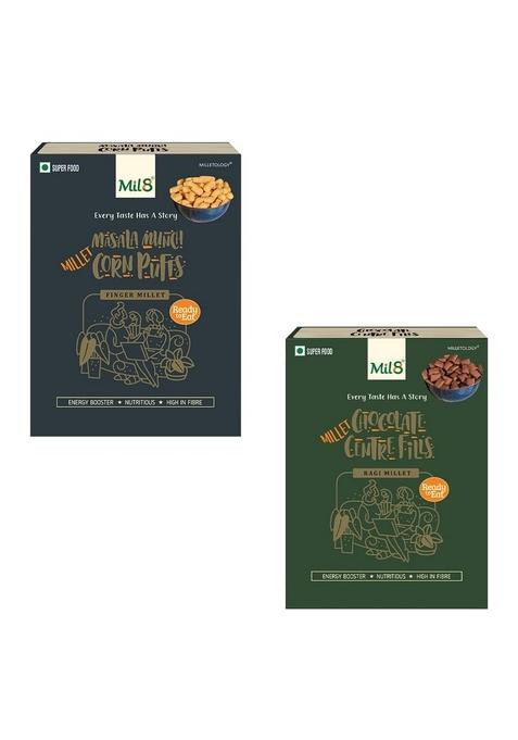 Mil8 Corn Puffs Masala & Ragi Chocolate Centre Fills Combo (30Gram-100Gram) Nutritious, Delicious And Healthy Breakfast Solution