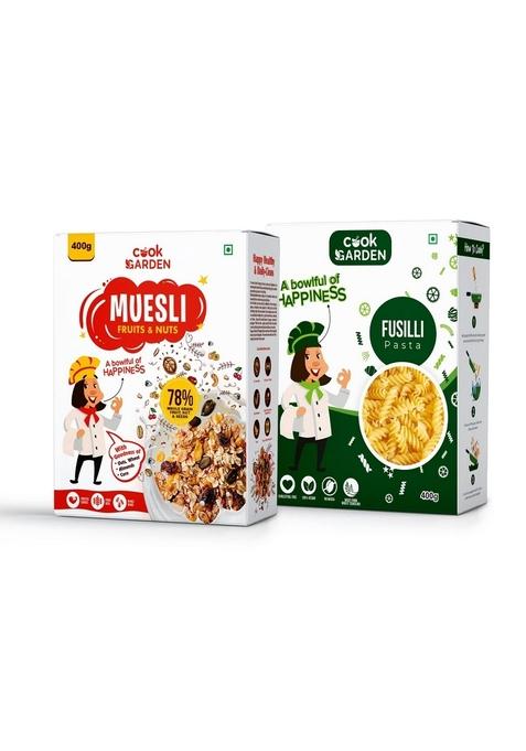Cookgarden Fruits & Nuts Muesli 400G & Semolina Fusilli Pasta 300G | Healthy Protein Food & Breakfast Cereal