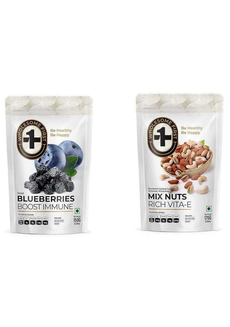 Wholesome First Blueberries 150 Grms + Mix Nuts 170 Grms Gluten Free, Non Gmo And 100% Vegan Pack Of 2