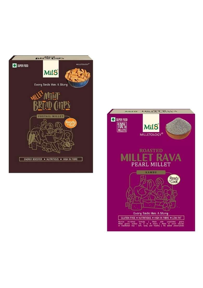 Mil8 Bread Chips Mint & Rava Pearl Millet Combo (40Gram-300Gram) Nutritious, Delicious And Healthy Breakfast Solution - Indya