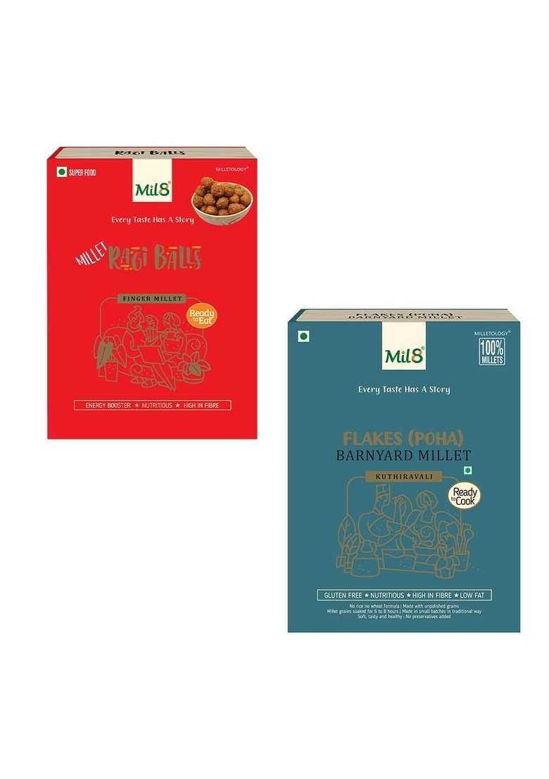 Mil8 Ragi Balls & Flakes (Aval) Barnayard Millet Combo (40Gram-200Gram) Nutritious, Delicious And Healthy Breakfast Solution - Indya