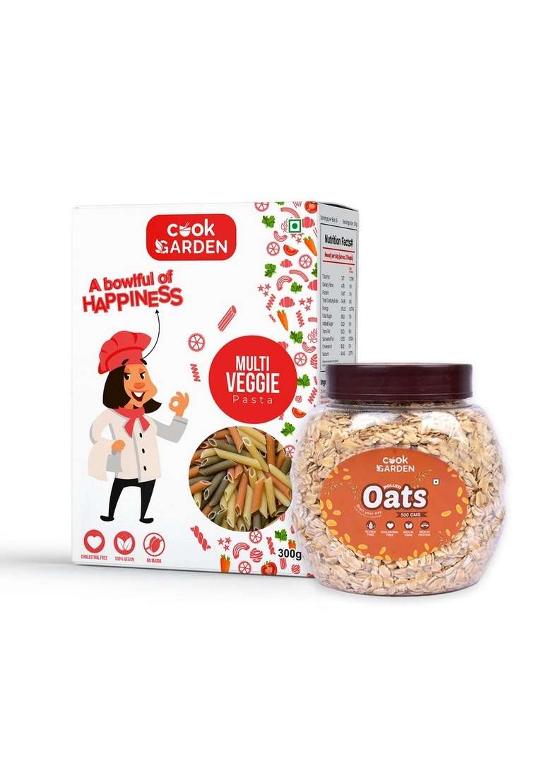 Cookgarden Rolled Oats 500G & Multi Veggie Pasta 300G | Wholegrain Breakfast | High Protein And Fibre Combo | Box - Indya