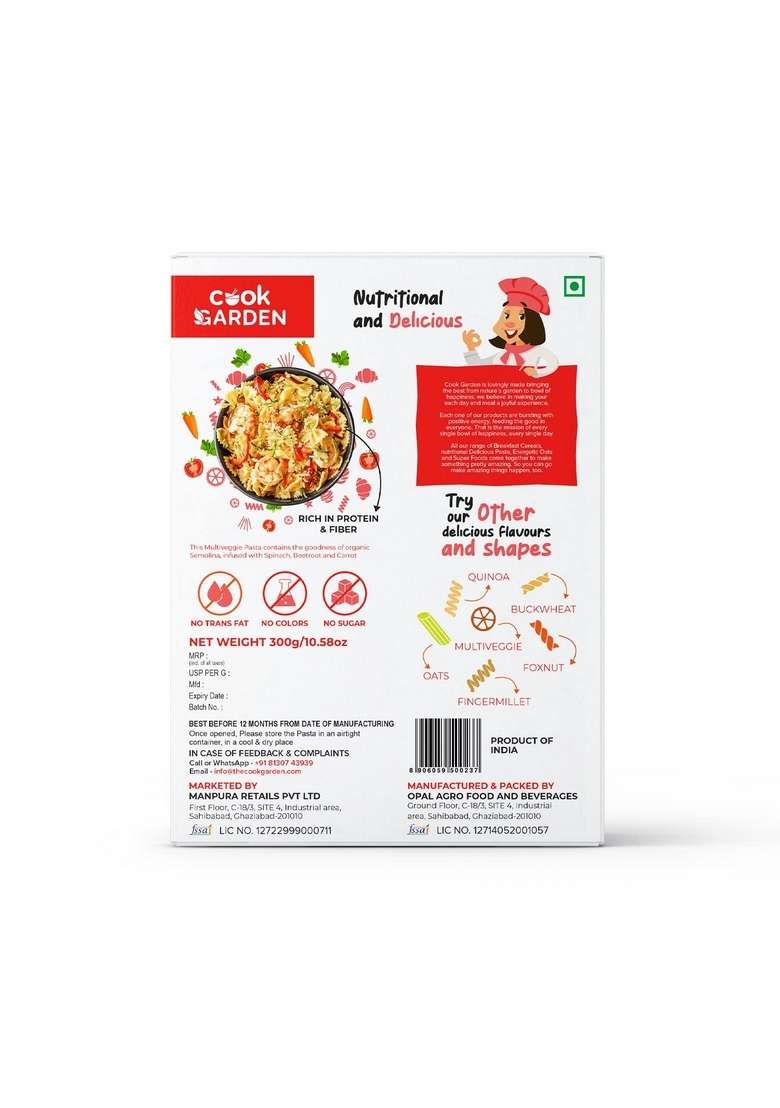 Cookgarden Rolled Oats 500G & Multi Veggie Pasta 300G | Wholegrain Breakfast | High Protein And Fibre Combo | Box - Indya