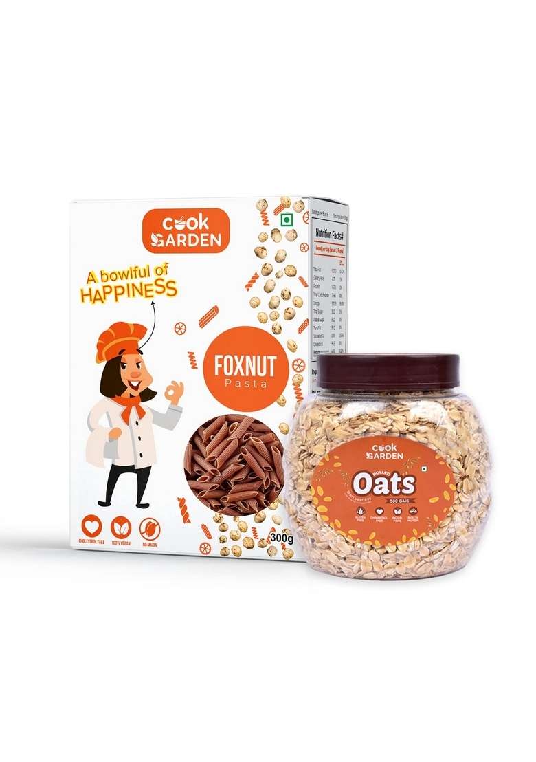 Cookgarden Rolled Oats 500G & Foxnut Pasta 300G | Wholegrain Breakfast | High Protein And Fibre Combo | Box - Indya