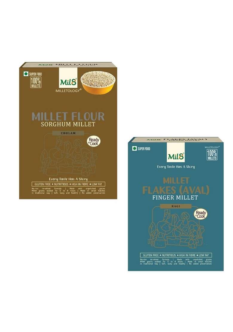 Mil8 Flour Sorghum & Flakes (Aval) Finger Millet Combo (300Gram-200Gram) Nutritious, Delicious And Healthy Breakfast Solution - Indya