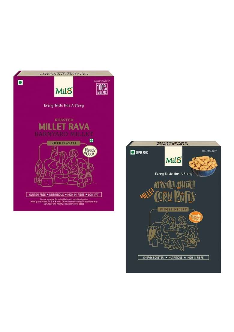 Mil8 Rava Barnyard & Corn Puffs Masala Combo (300Gram-30Gram) Nutritious, Delicious And Healthy Breakfast Solution - Indya