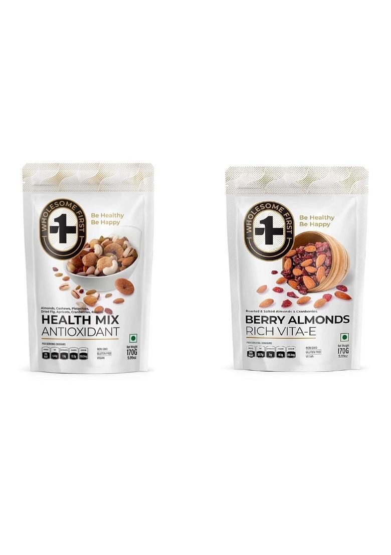 Wholesome First Berry Almond 170 Grms + Health Mix 170 Grms Gluten Free, Non Gmo And 100% Vegan Pack Of 2