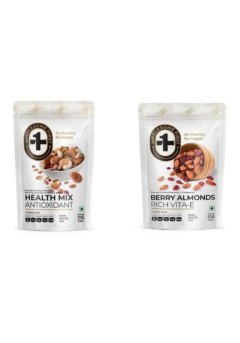 Wholesome First Berry Almond 170 Grms + Health Mix 170 Grms Gluten Free, Non Gmo And 100% Vegan Pack Of 2
