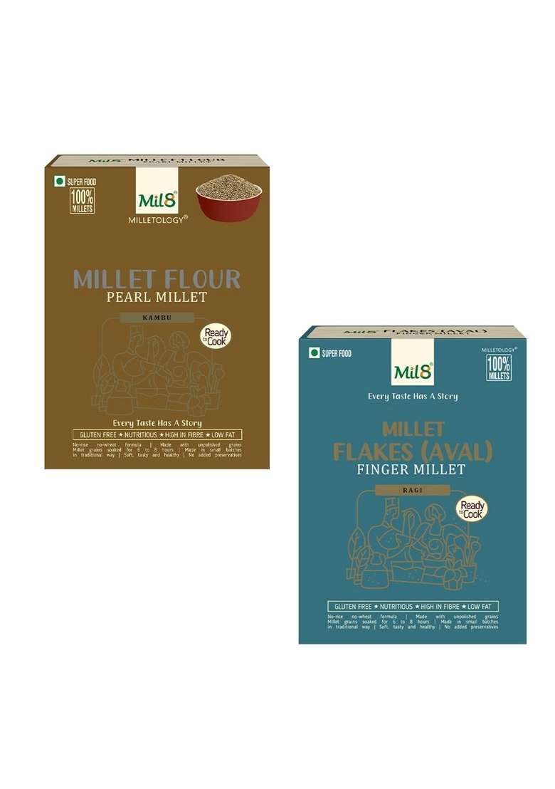 Mil8 Flour Pearl & Flakes (Aval) Finger Millet Combo (300Gram-200Gram) Nutritious, Delicious And Healthy Breakfast Solution - Indya