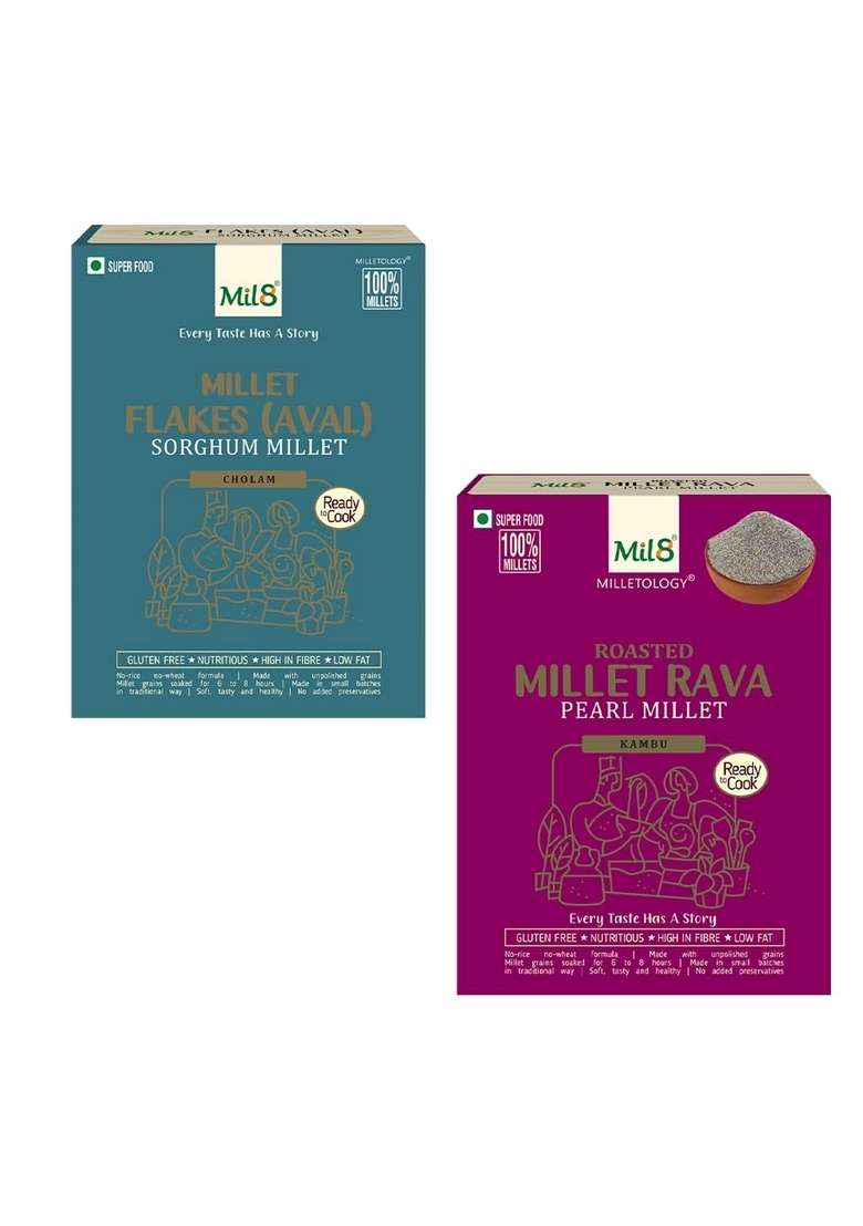 Mil8 Flakes (Aval) Sorghum & Rava Pearl Millet Combo (200Gram-300Gram) Nutritious, Delicious And Healthy Breakfast Solution - Indya