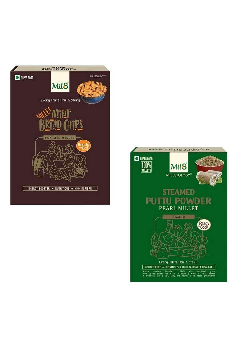 Mil8 Bread Chips Mint & Puttu Powder Pearl Millet Combo (40Gram-300Gram) Nutritious, Delicious And Healthy Breakfast Solution - Indya