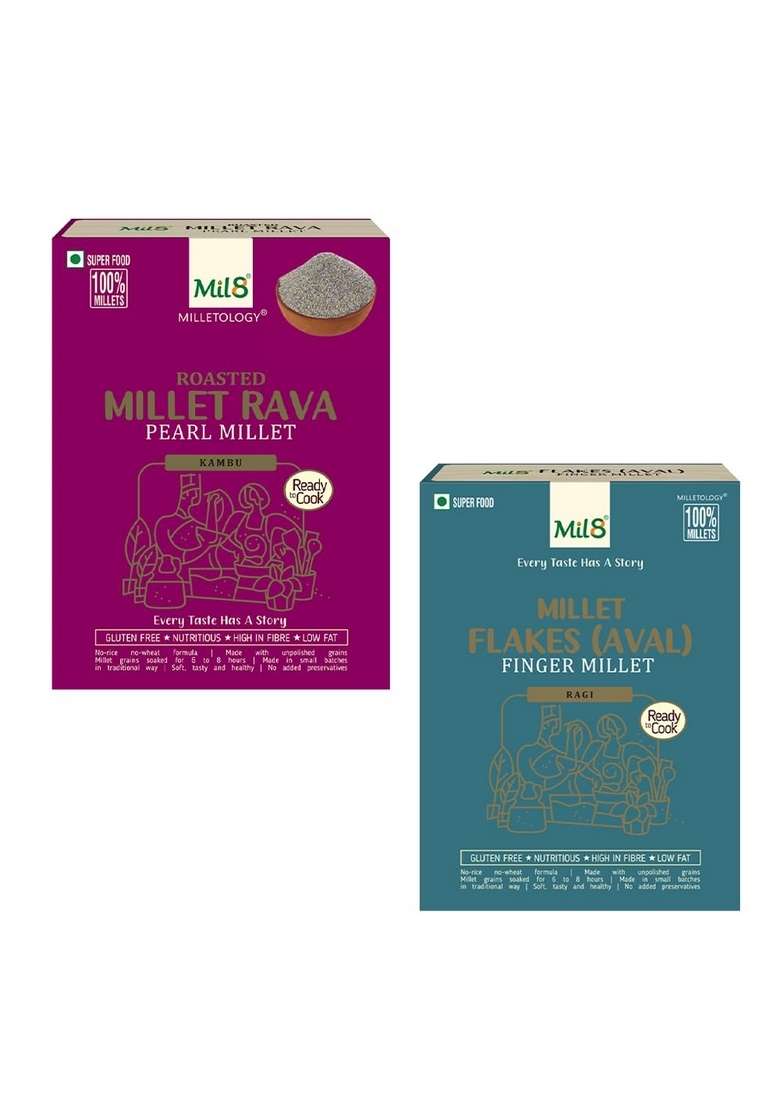 Mil8 Rava Pearl & Flakes (Aval) Finger Millet Combo (300Gram-200Gram) Nutritious, Delicious And Healthy Breakfast Solution - Indya