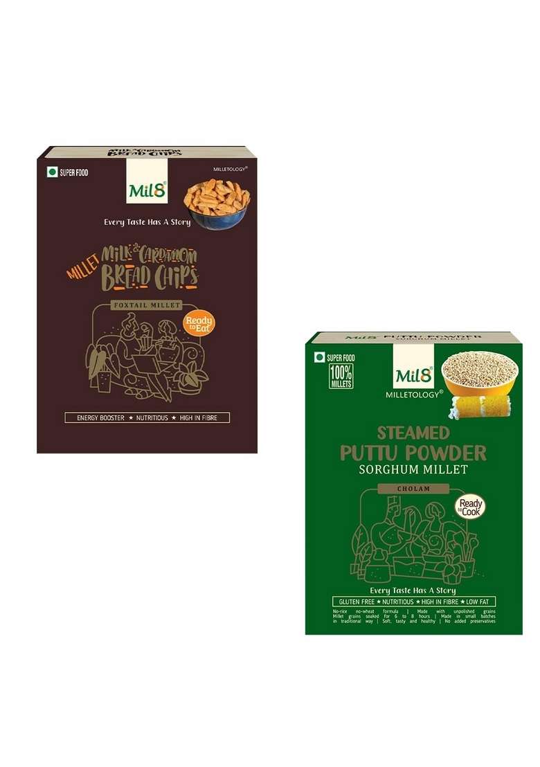 Mil8 Bread Chips Milk And Cardamom & Puttu Powder Sorghum Millet Combo (40Gram-300Gram) Nutritious, Delicious And Healthy Breakfast Solution - Indya