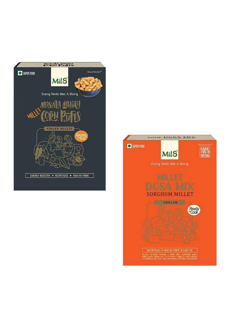 Mil8 Corn Puffs Masala & Dosamix Sorghum Millet Combo (30Gram-300Gram) Nutritious, Delicious And Healthy Breakfast Solution - Indya