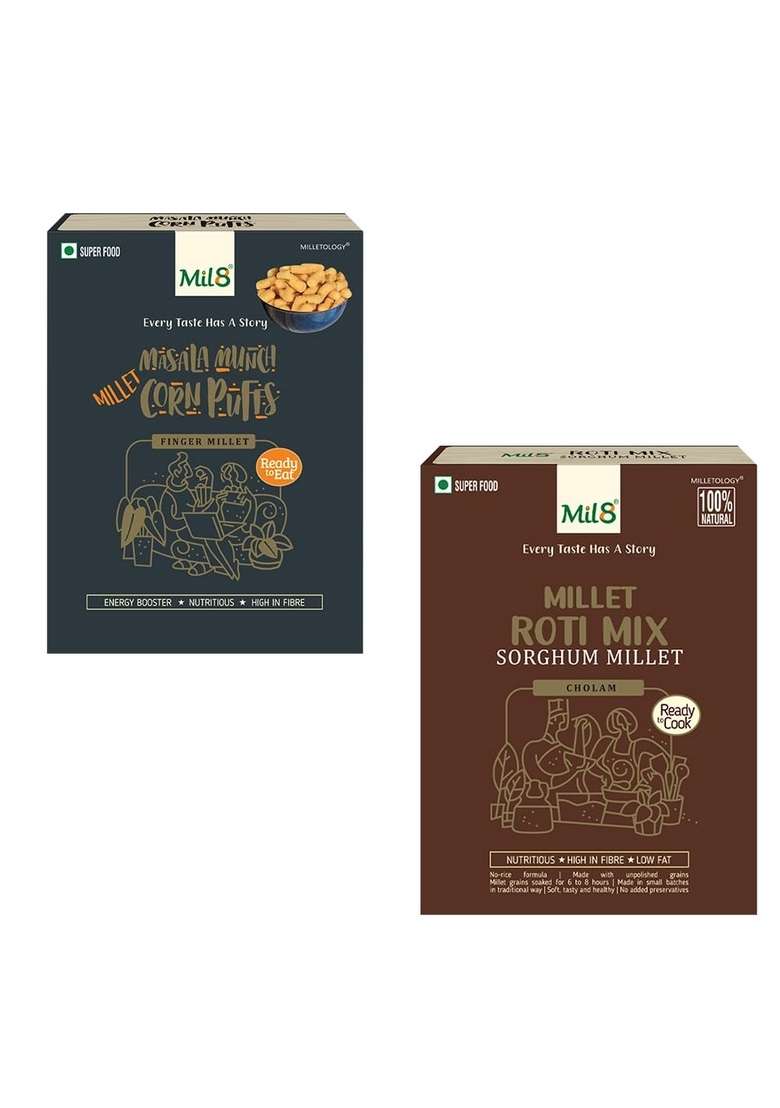 Mil8 Corn Puffs Masala & Rotimix Sorghum Millet Combo (30Gram-300Gram) Nutritious, Delicious And Healthy Breakfast Solution - Indya