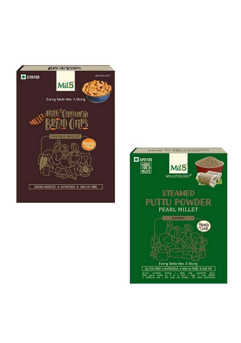 Mil8 Bread Chips Milk And Cardamom & Puttu Powder Pearl Millet Combo (40Gram-300Gram) Nutritious, Delicious And Healthy Breakfast Solution - Indya