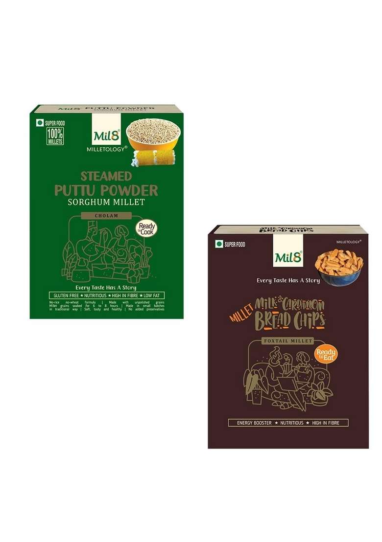 Mil8 Puttu Powder Sorghum & Bread Chips Milk And Cardamom Combo (300Gram-40Gram) Nutritious, Delicious And Healthy Breakfast Solution - Indya