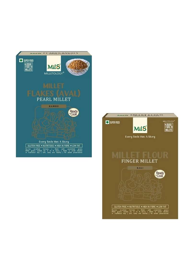 Mil8 Flakes (Aval) Pearl & Flour Finger Millet Combo (200Gram-300Gram) Nutritious, Delicious And Healthy Breakfast Solution - Indya