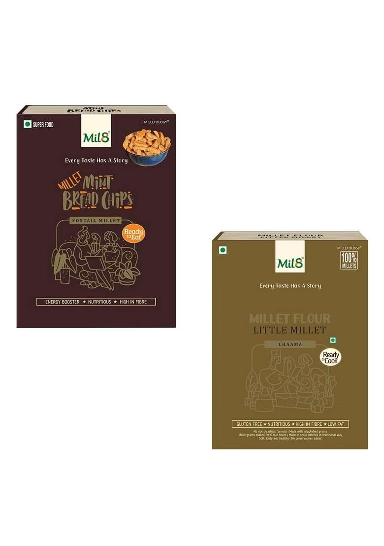 Mil8 Bread Chips Mint & Flour Little Millet Combo (40Gram-300Gram) Nutritious, Delicious And Healthy Breakfast Solution - Indya