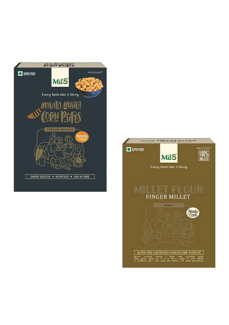 Mil8 Corn Puffs Masala & Flour Finger Millet Combo (30Gram-300Gram) Nutritious, Delicious And Healthy Breakfast Solution - Indya