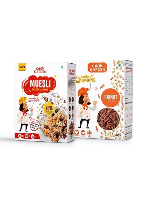 Cookgarden Fruits & Nuts Muesli 400G & Makhana Pasta 300G | Healthy Protein Food & Breakfast Cereal