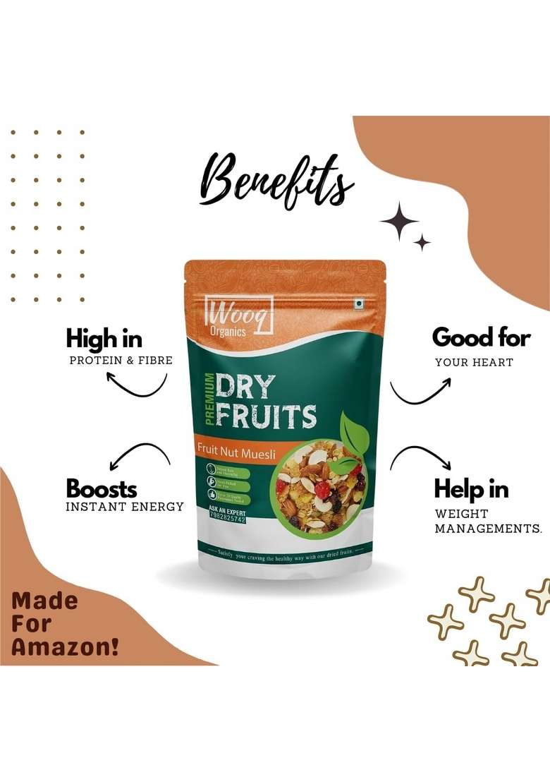 Wooq Organics Wholegrain Muesli With 36% Fruit 200G, Nut & Seeds, Tastier Now With Cranberries And Pumpkin Seeds, Breakfast Cereal, High In Iron, Source Of Fiber, Diet Food(Fruit And Nut Muesli) - Indya