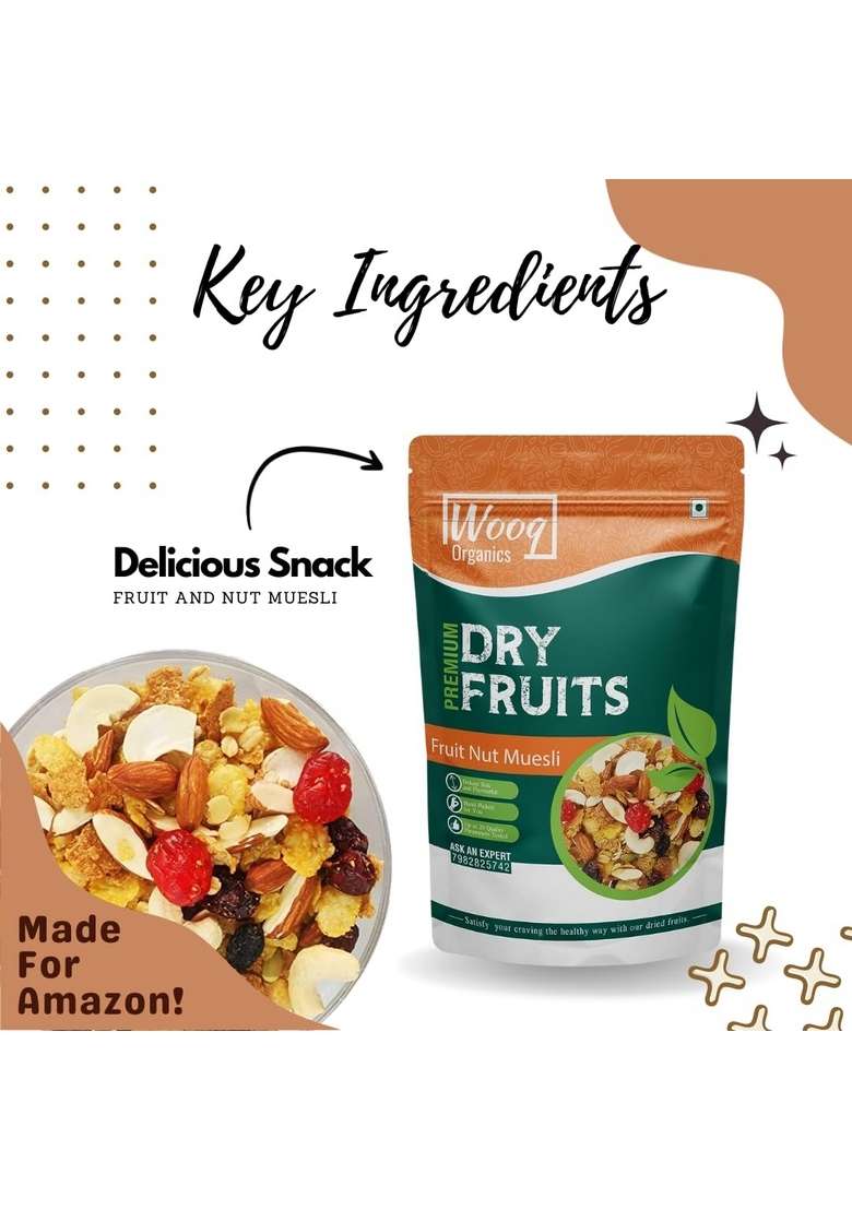 Wooq Organics Wholegrain Muesli With 36% Fruit 200G, Nut & Seeds, Tastier Now With Cranberries And Pumpkin Seeds, Breakfast Cereal, High In Iron, Source Of Fiber, Diet Food(Fruit And Nut Muesli) - Indya
