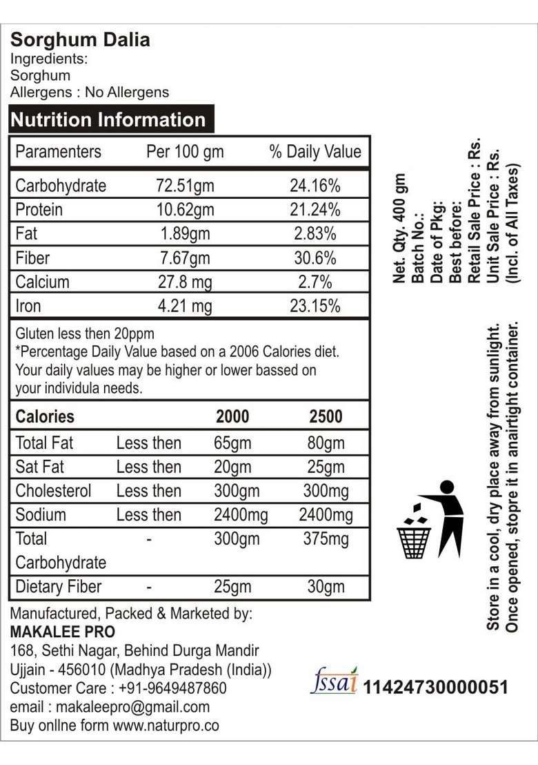 Naturpro Desi Jowar Dalia (Sorghum Dalia) - 400 Gms | Gluten-Free Millet For Heart Health | High In Calcium, Iron, Protein & Fiber | Lowers Cholesterol | Antioxidant-Rich Superfood (Pack Of 3) - Indya