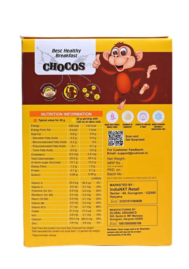 Nutriowl Chocos 200G – Whole Grain Breakfast Cereal, Rich In Fibre, High In Calcium & Protein, Packed With Essential Vitamins & Minerals (Pack Of 1) - Indya