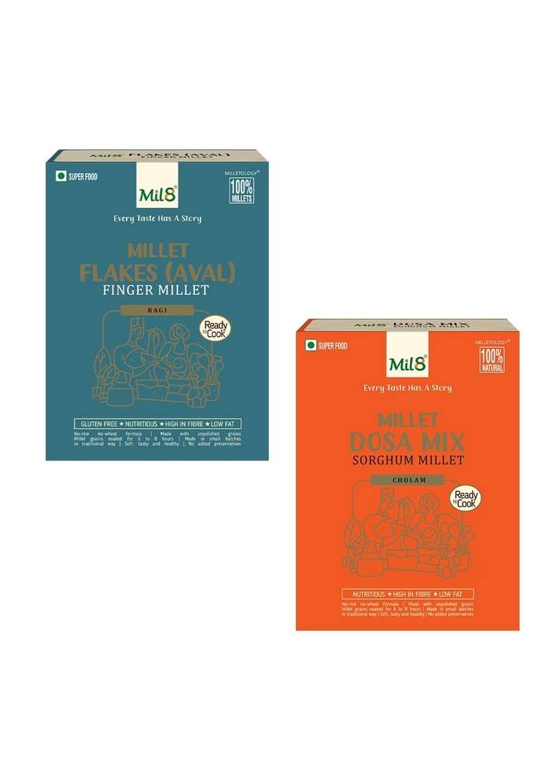 Mil8 Flakes (Aval) Finger & Dosamix Sorghum Millet Combo (200Gram-300Gram) Nutritious, Delicious And Healthy Breakfast Solution - Indya