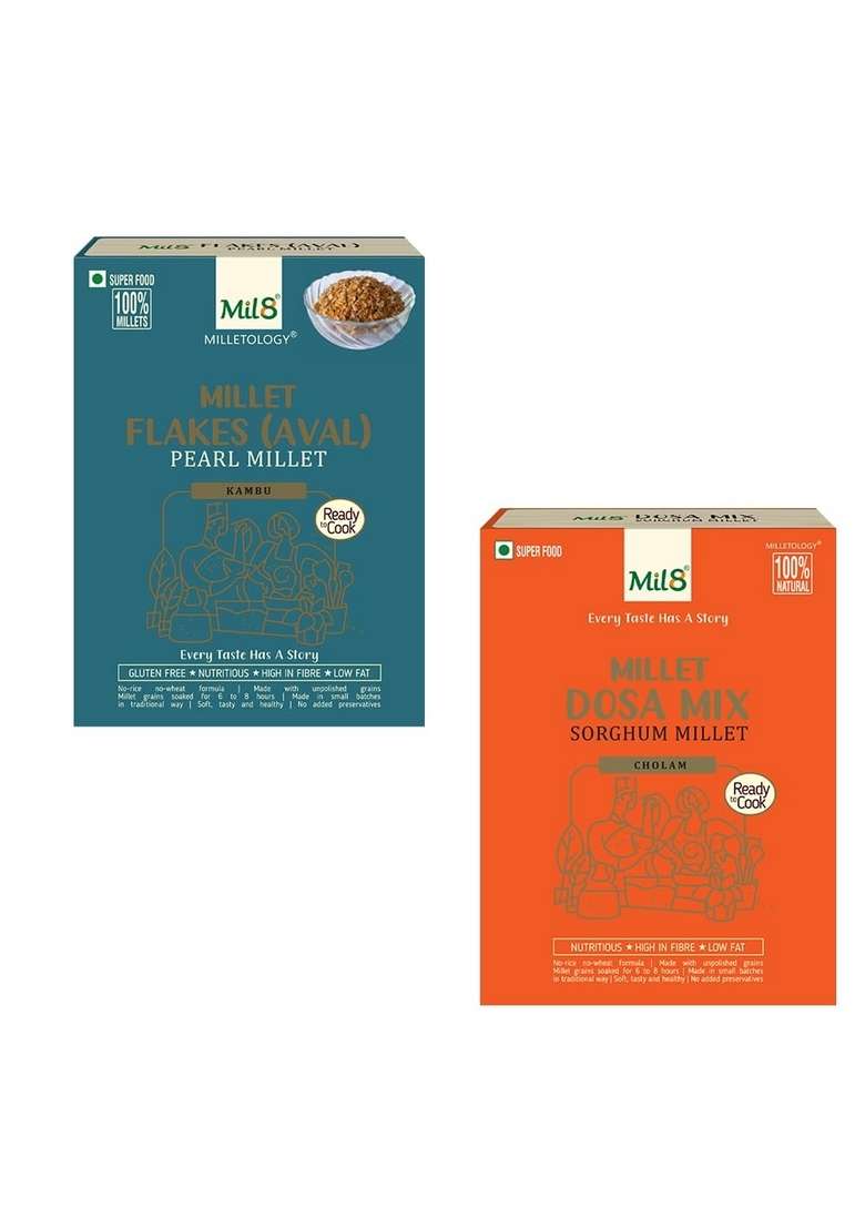 Mil8 Flakes (Aval) Pearl & Dosamix Sorghum Millet Combo (200Gram-300Gram) Nutritious, Delicious And Healthy Breakfast Solution - Indya