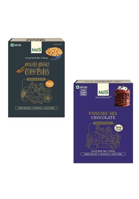 Mil8 Corn Puffs Masala & Pancake Mix Chocolate Combo (30Gram-200Gram) Nutritious, Delicious And Healthy Breakfast Solution