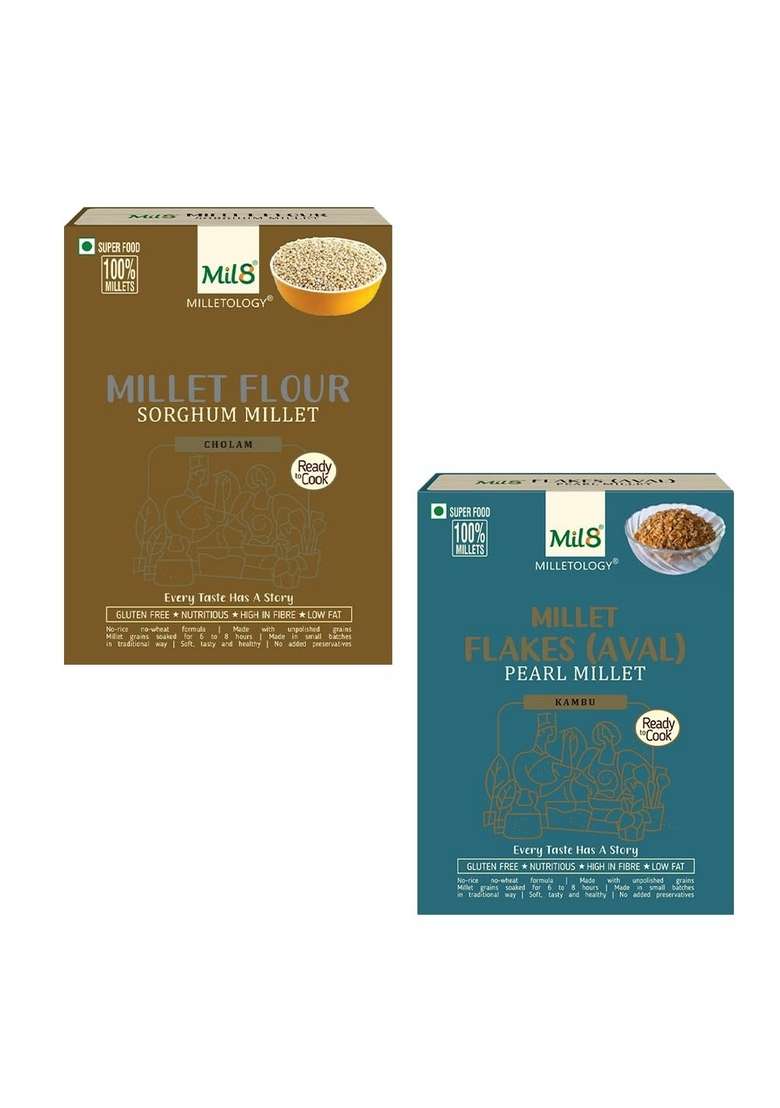 Mil8 Flour Sorghum & Flakes (Aval) Pearl Millet Combo (300Gram-200Gram) Nutritious, Delicious And Healthy Breakfast Solution - Indya