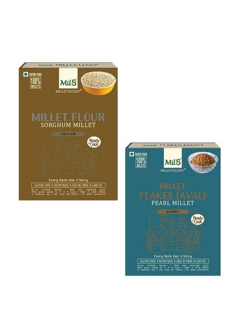 Mil8 Flour Sorghum & Flakes (Aval) Pearl Millet Combo (300Gram-200Gram) Nutritious, Delicious And Healthy Breakfast Solution