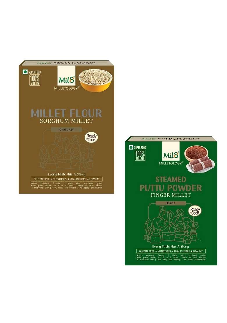 Mil8 Flour Sorghum & Puttu Powder Finger Millet Combo (300Gram-300Gram) Nutritious, Delicious And Healthy Breakfast Solution - Indya