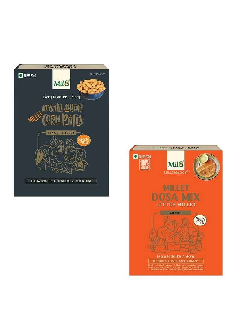 Mil8 Corn Puffs Masala & Dosamix Little Millet Combo (30Gram-300Gram) Nutritious, Delicious And Healthy Breakfast Solution - Indya