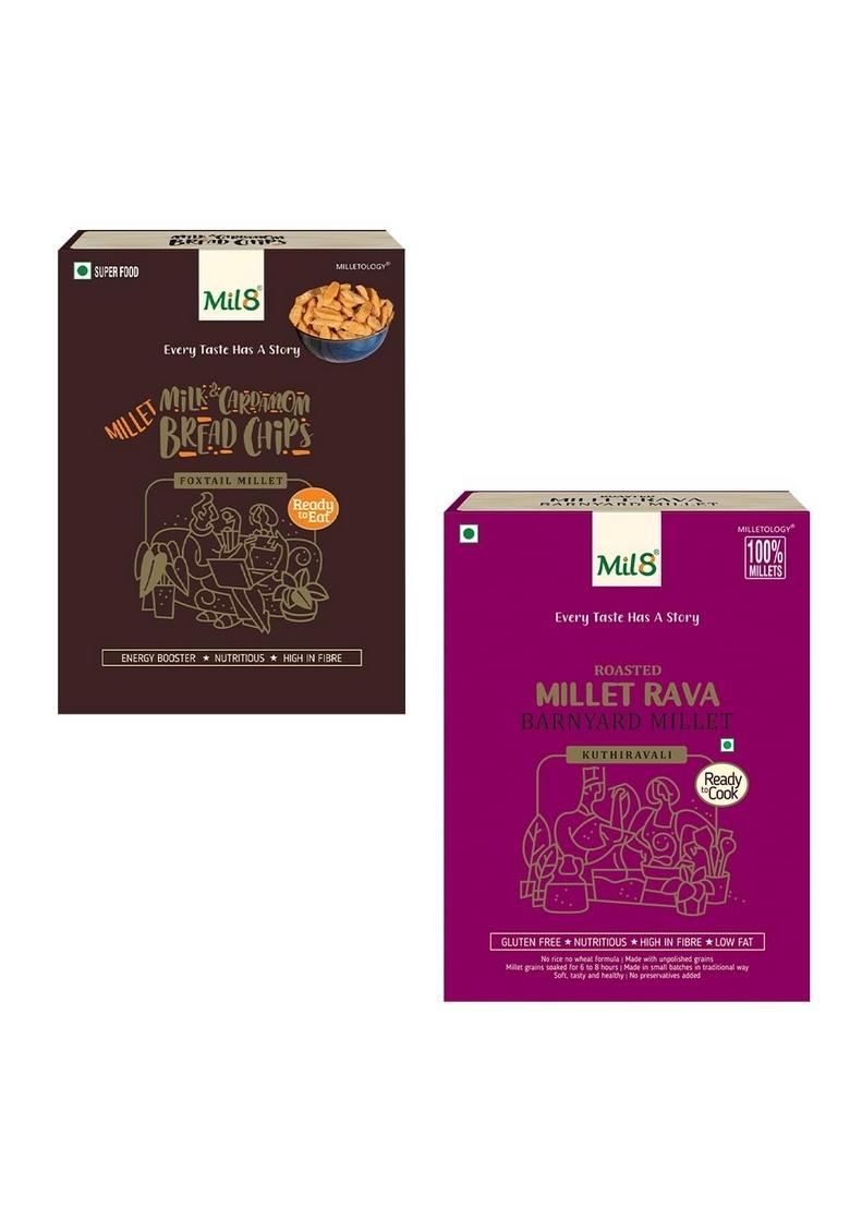 Mil8 Bread Chips Milk And Cardamom & Rava Barnyard Millet Combo (40Gram-300Gram) Nutritious, Delicious And Healthy Breakfast Solution