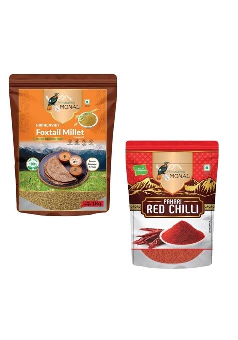 Himalayan Monal Foxtail Millet (Kangani), 1 Kg, Boosts Immune System, 100% Natural And Himalayan Monal Pahari Red Chilli Powder, 100G