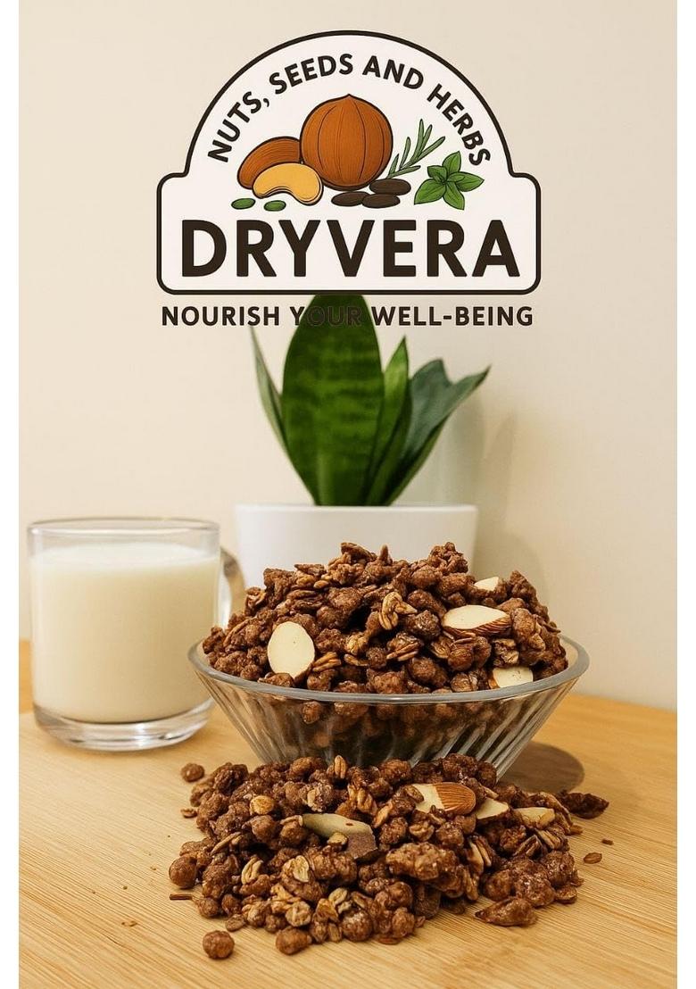 Dryvera Crunchy Choco Granola, High Fibre Breakfast Cereal With Almonds And Oats, Chemical Free, 100% Natural