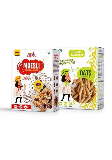 Cookgarden Fruits & Nuts Muesli 400G & Oats Pasta 300G | Healthy Protein Food & Breakfast Cereal